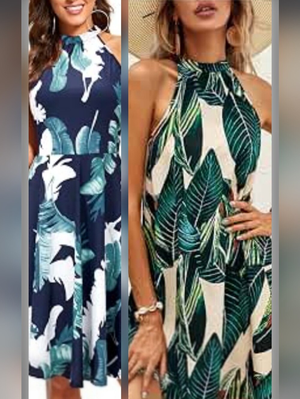 Set of 2 Tropical Palm Print High-Neck Halter Midi Dresses - Size L-​ NWOT!